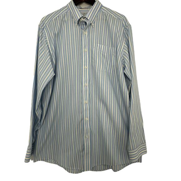 LL Bean Dress Shirt Mens Large Tall Wrinkle Resistant Cotton Blue Yellow Stripes - Picture 1 of 4